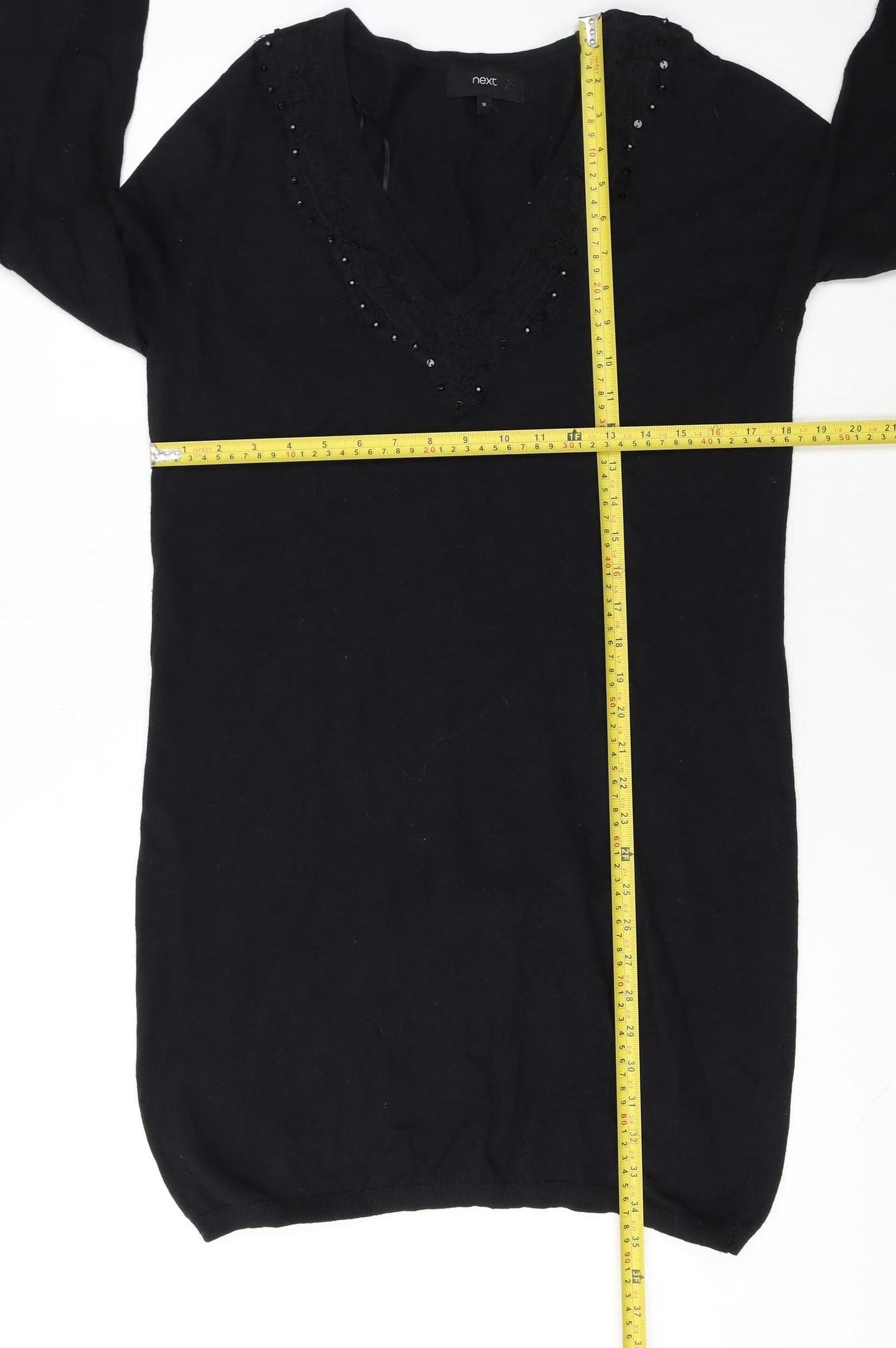 Next Women’s Black Jumper Dress Size 16 Knit V-Neck Beaded Detail