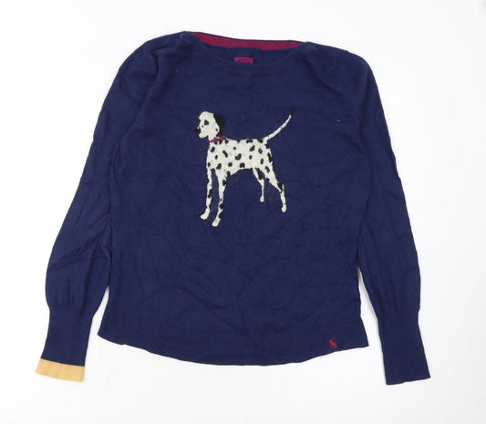 Joules Women's Blue Dog Crew Neck Wool Blend Jumper Size 14