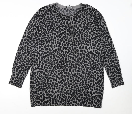 DKNY Women’s Grey Leopard Print Long Sleeve Pullover Jumper Size L
