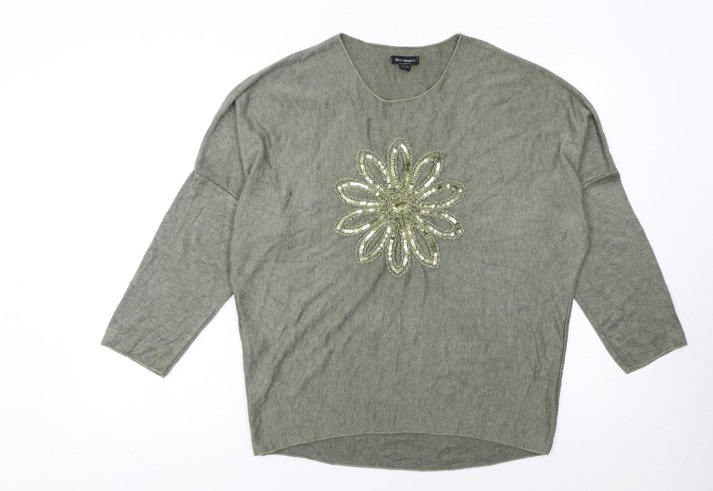 Blue Vanilla Women's Green Sequin Flower Pullover Jumper One Size