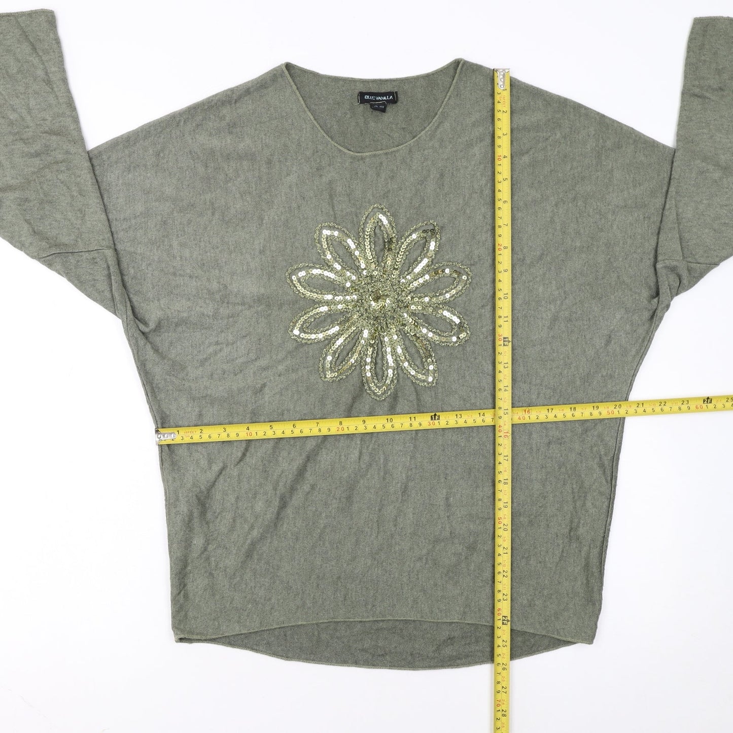 Blue Vanilla Women's Green Sequin Flower Pullover Jumper One Size