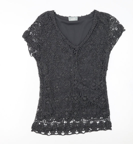 Wallis Womens Black Crochet V-Neck Short Sleeve Camisole Blouse M