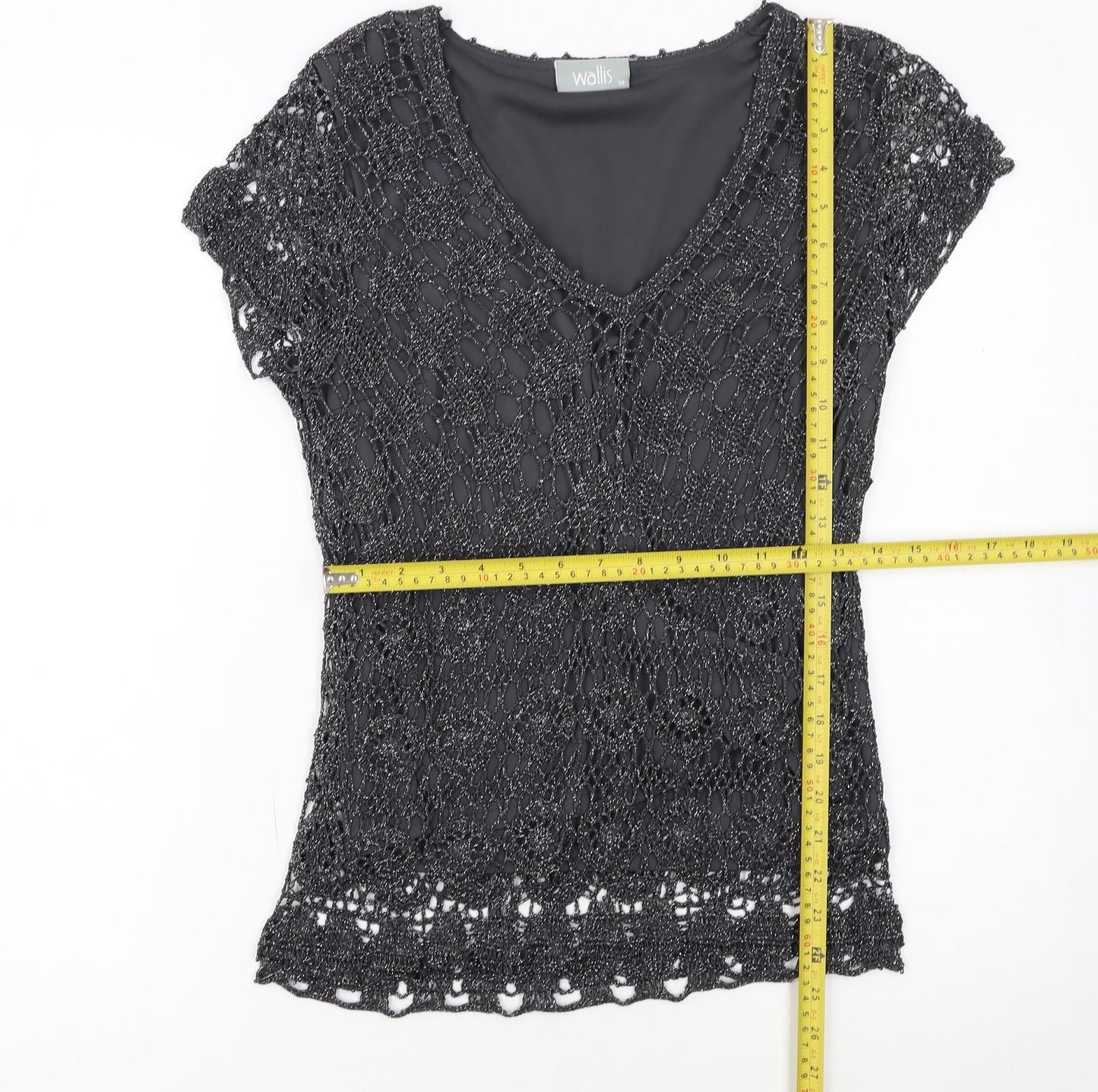 Wallis Womens Black Crochet V-Neck Short Sleeve Camisole Blouse M