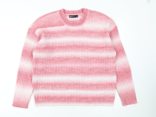 Marks and Spencer Women Pink White Striped Rib Knit Jumper M
