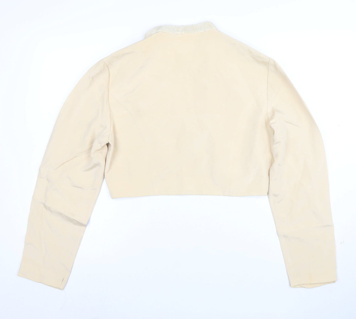Rimini by Shaw Women Beige Cropped Silk Jacket Size 10 Beaded Trim