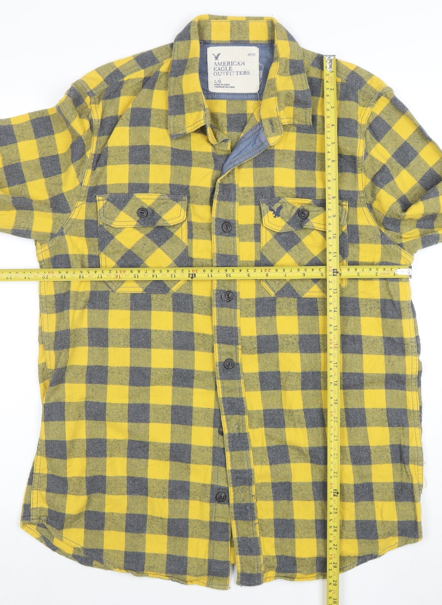 American Eagle Outfitters Men's Yellow Check Flannel Shirt L Long Sleeve