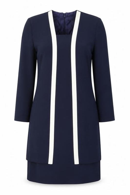 Virgo Women Blue White Sheath Dress Size 10 Long Sleeve Formal