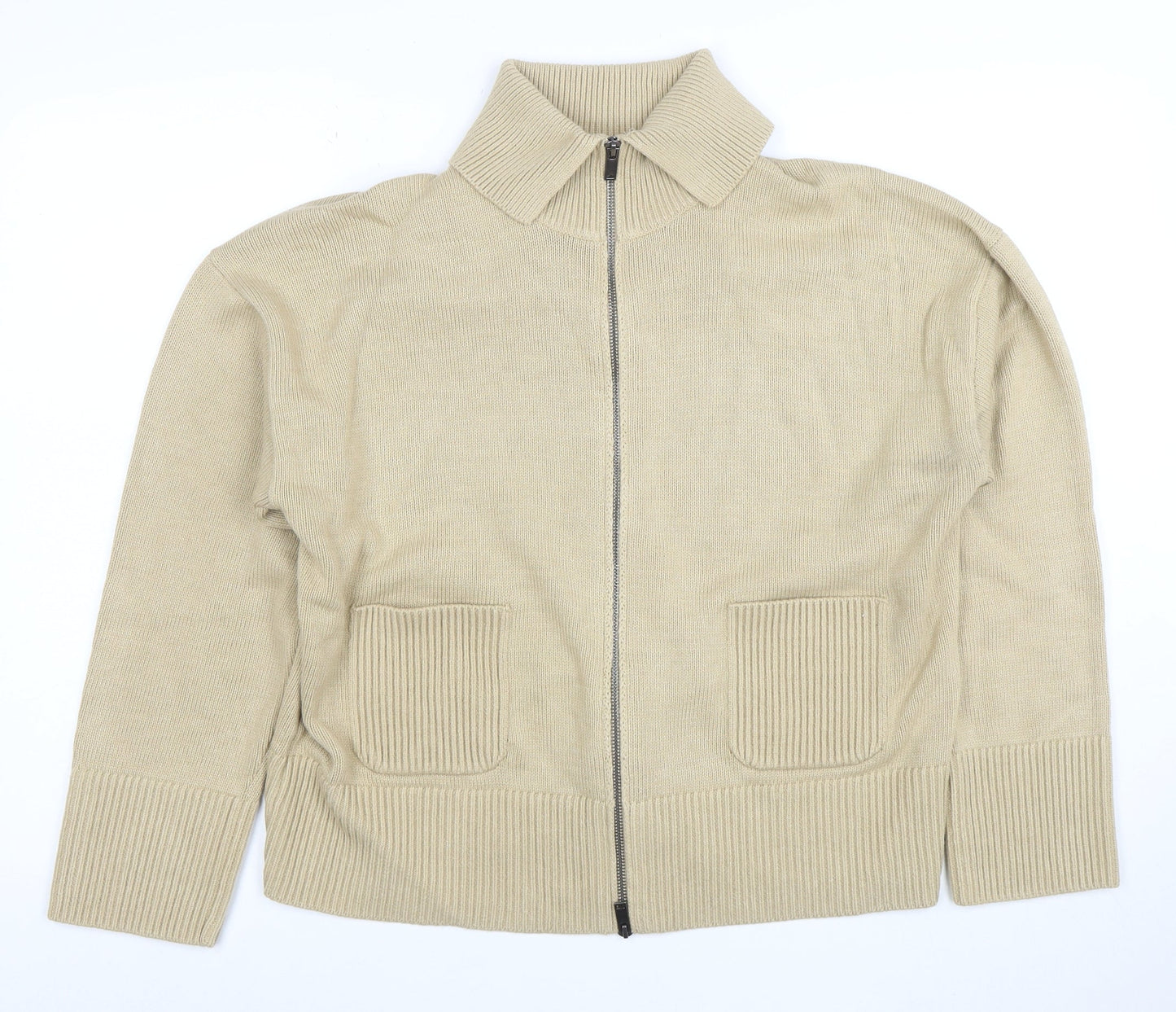 Marks and Spencer Women Beige Full Zip Collared Cotton Jumper L