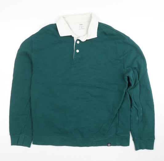 Marks and Spencer Mens Green Relaxed Fit Long Sleeve Polo M