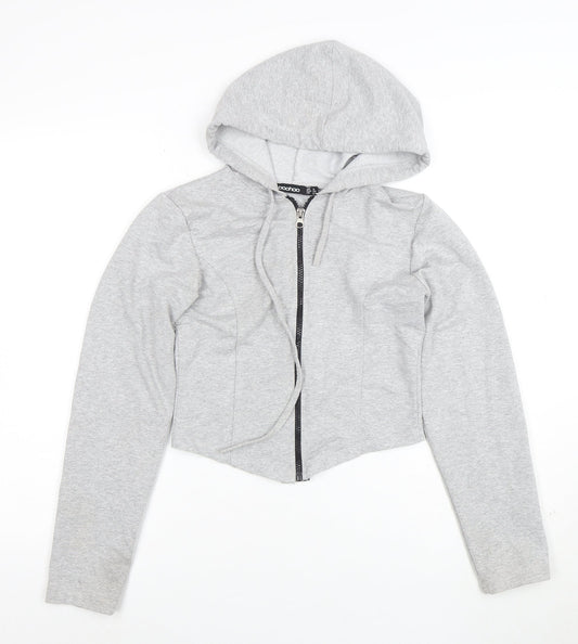 Boohoo Womens Grey Full Zip Hoodie UK 8 Cotton Blend Lightweight Casual