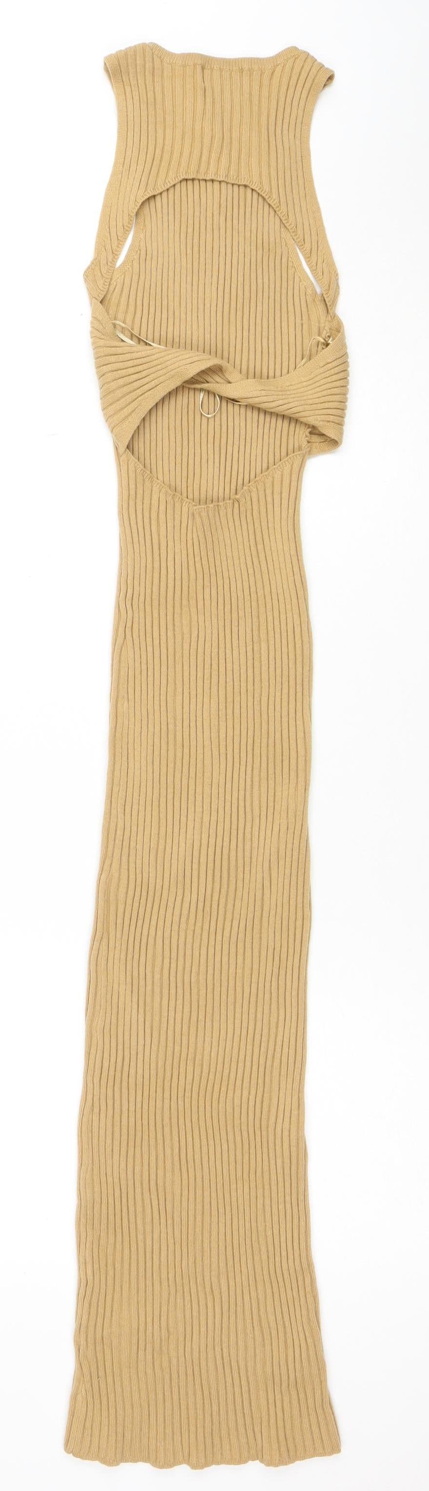 Pretty Lavish Women’s Beige Sleeveless Ribbed Midi Bodycon Dress XS