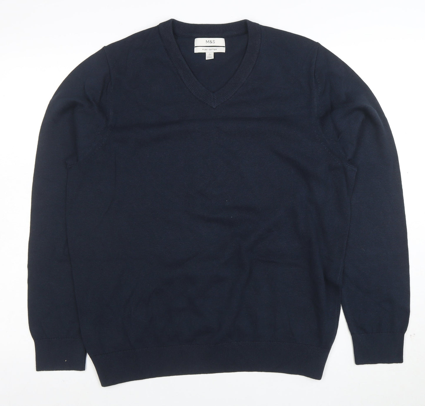 Marks and Spencer Men's Blue Cotton V-Neck Jumper Size L