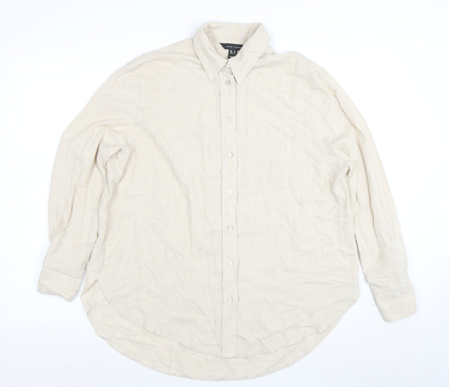 New Look Women Beige Long Sleeve Linen Button-Up Shirt Size 8