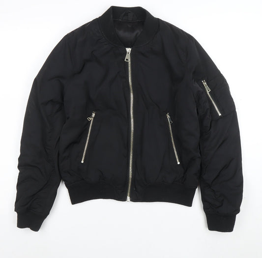 Topshop Women's Black Bomber Jacket Size 12 Lined Zip Casual