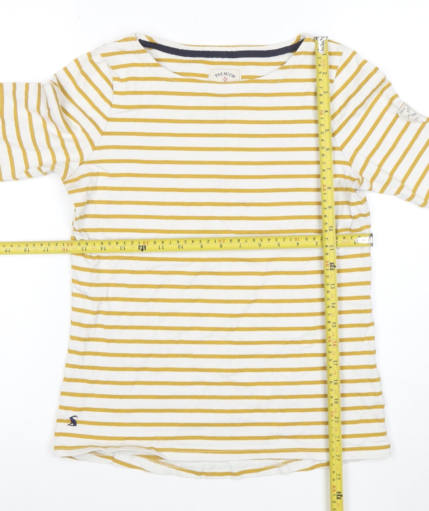 Joules Women Yellow White Striped 3/4 Sleeve Cotton T-Shirt Size 8