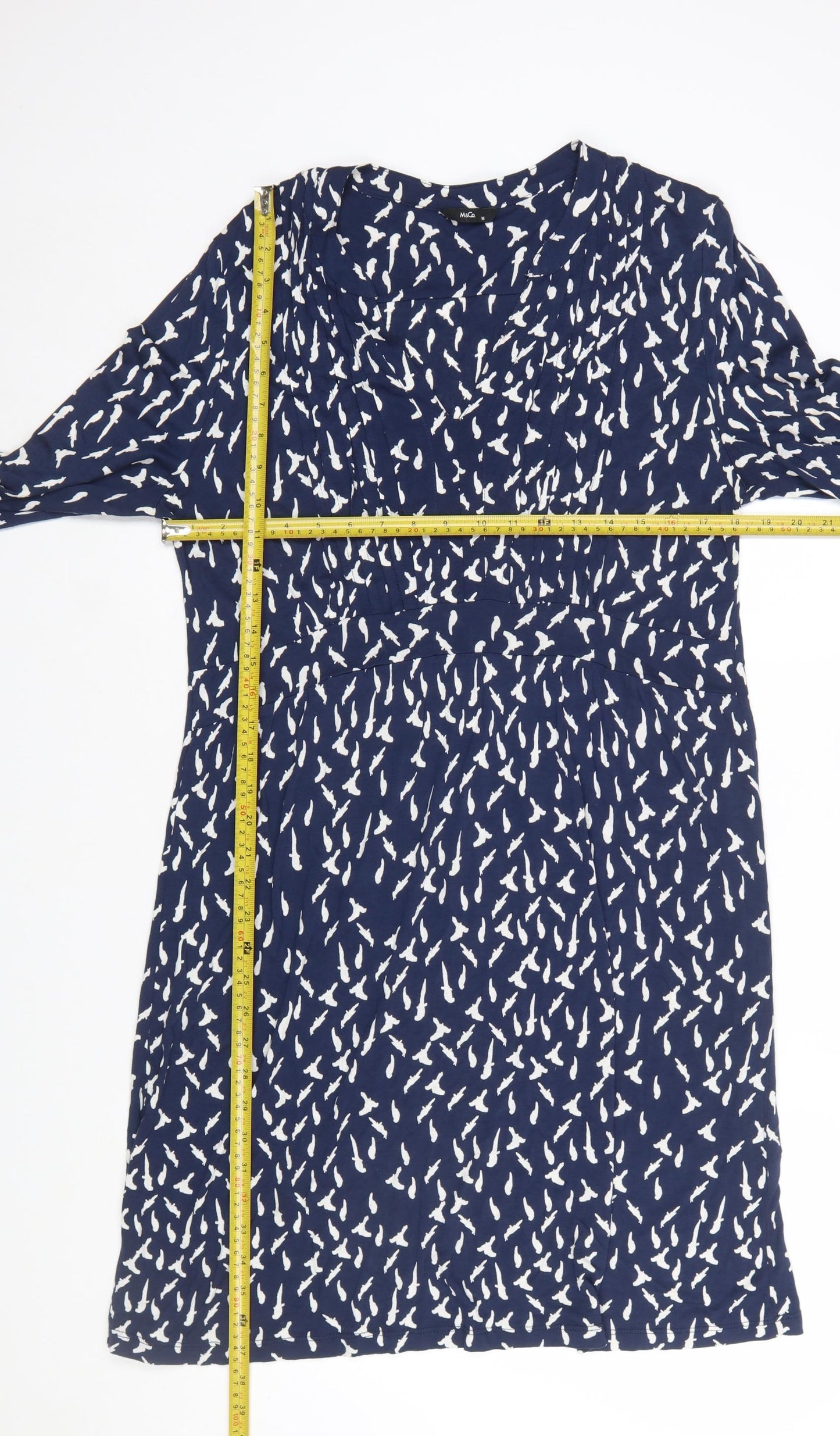 M&Co Women Blue Bird Print Viscose Shift Dress Size 16