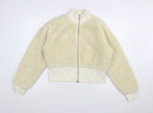Weekday Women Ivory Cropped Fleece Bomber Jacket Size M