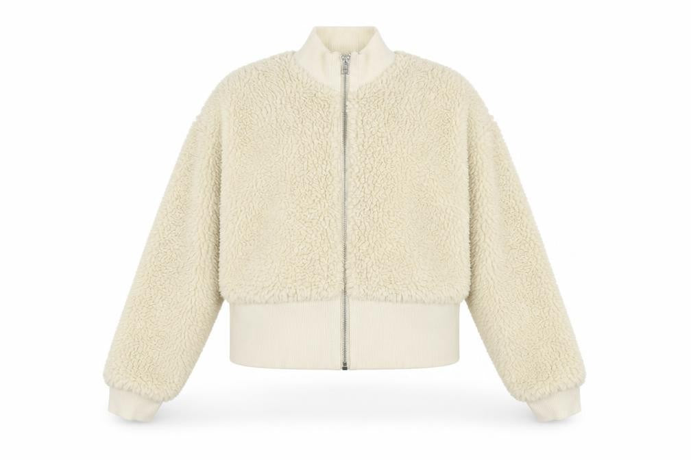 Weekday Women Ivory Cropped Fleece Bomber Jacket Size M