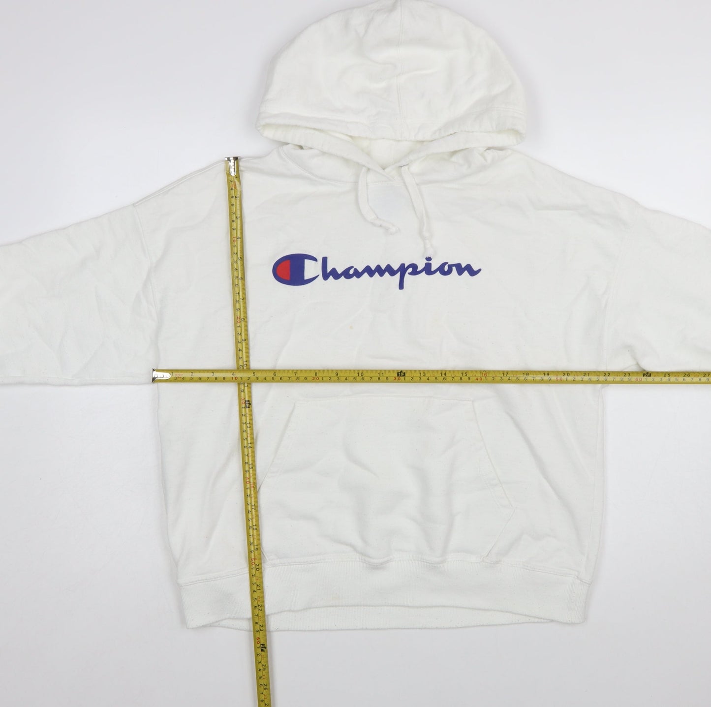 Champion Mens White Pullover Hoodie L Logo Athletic Fleece Sweatshirt