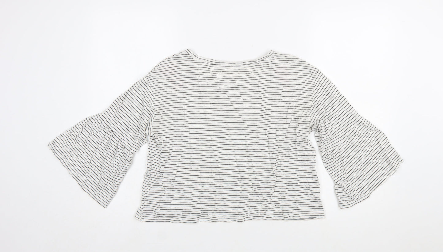Hollister Women White Striped Embroidered Cropped Bell Sleeve T-Shirt XS