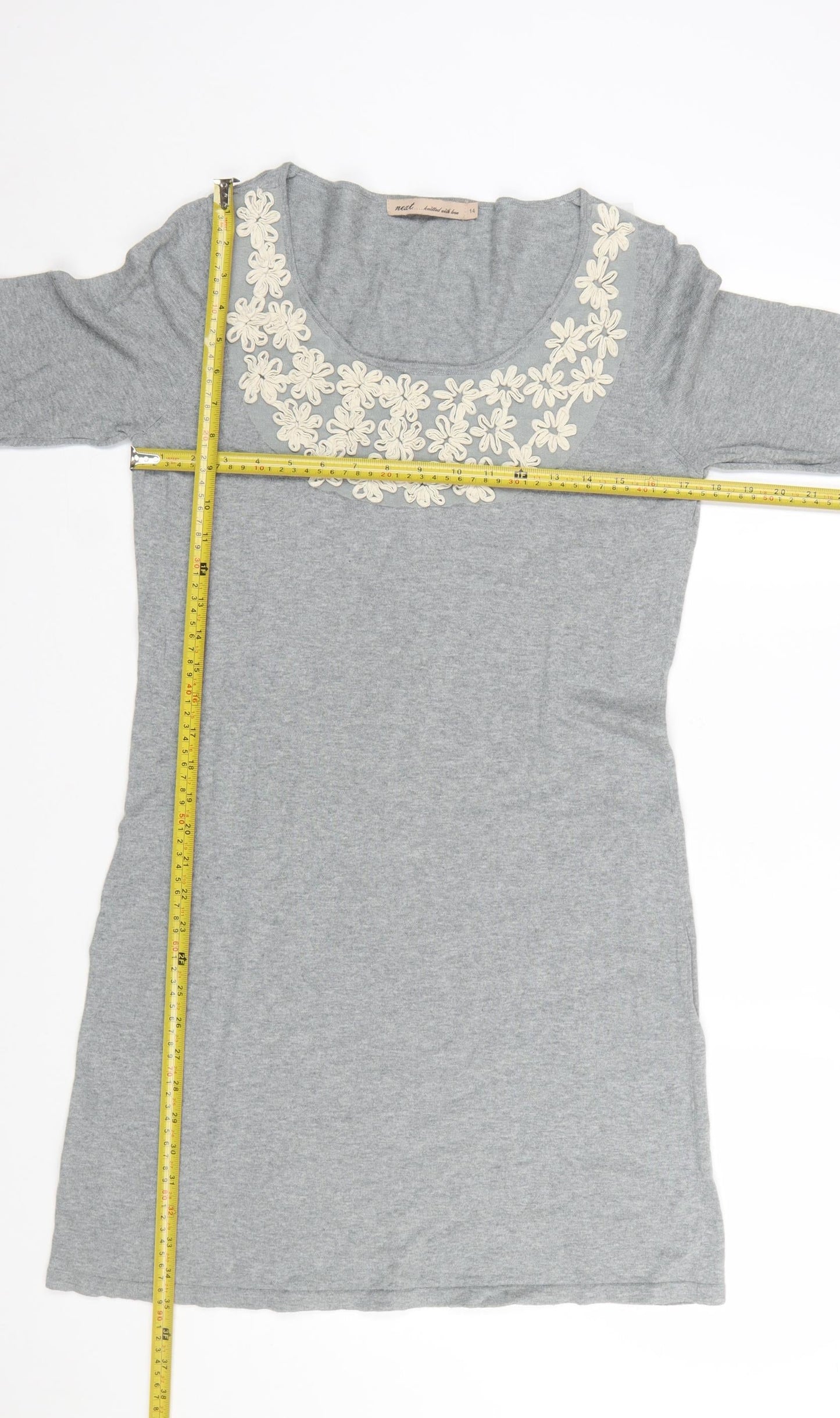 Next Women Grey Knit Shift Dress Size 14 Scoop Neck 3/4 Sleeve