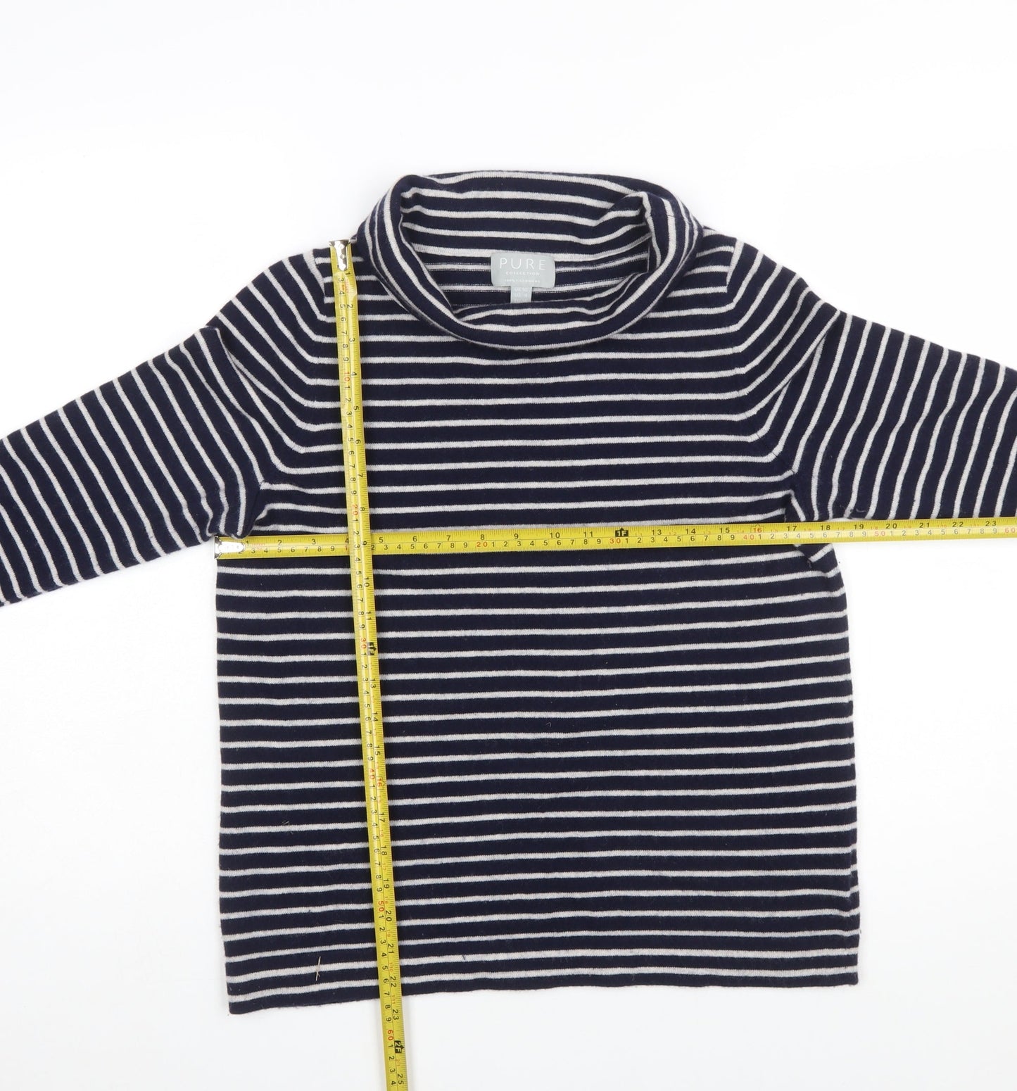 Pure Collection Women’s Blue Striped Roll Neck 3/4 Sleeve Cashmere Jumper Size 10