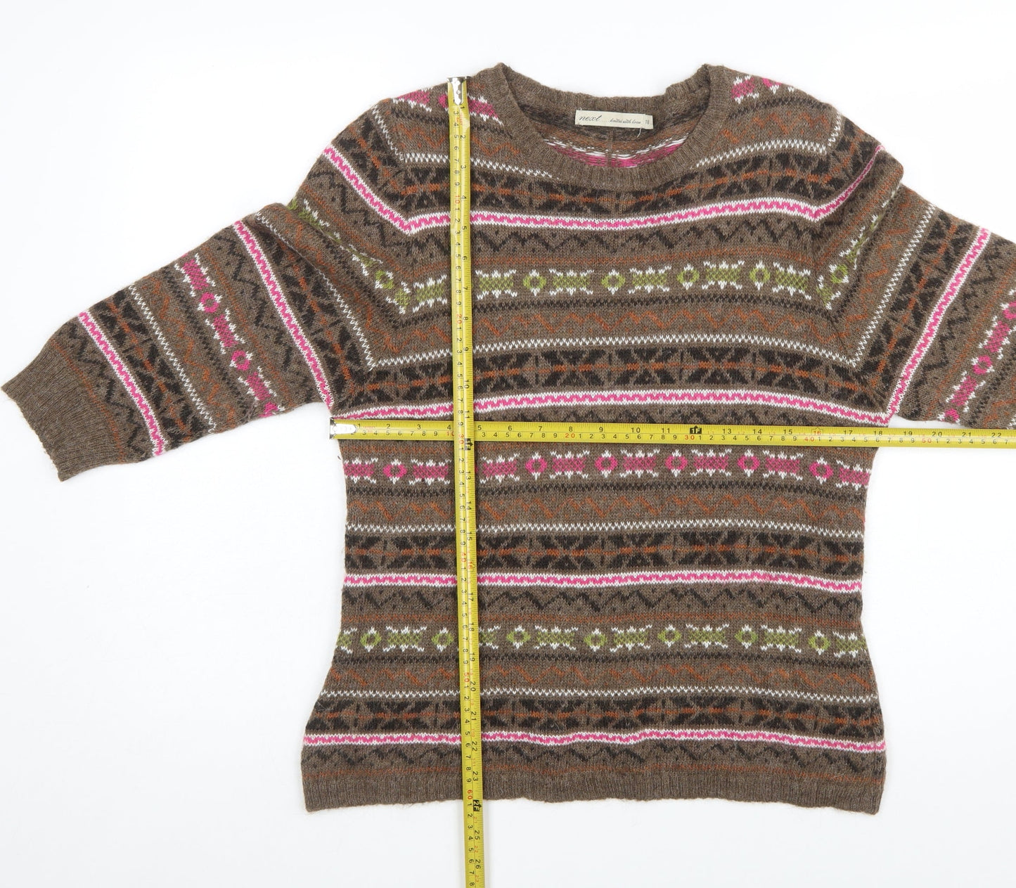 Next Women Brown Fair Isle Wool Blend Jumper Size 18