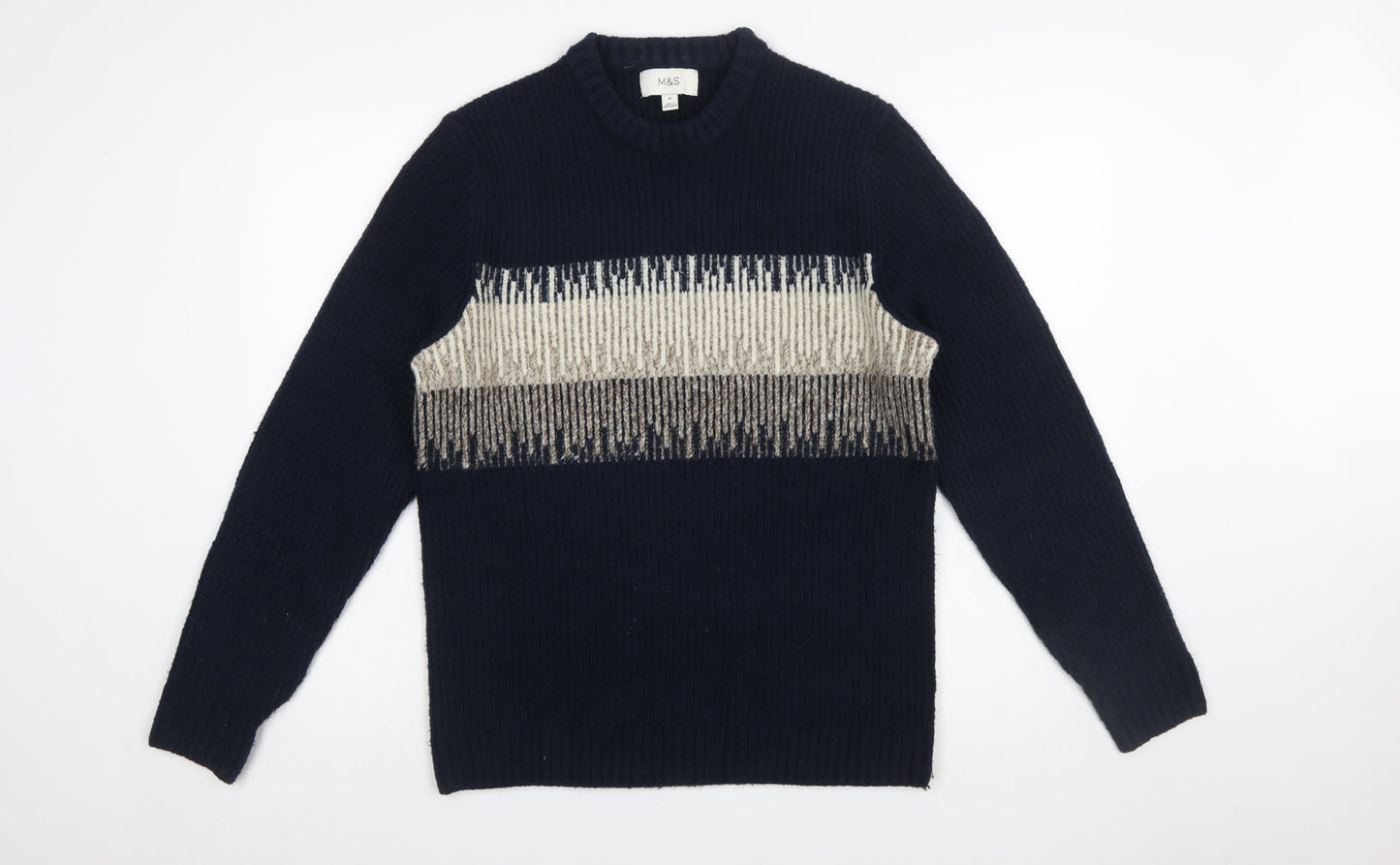 Marks and Spencer Men's Blue Geometric Wool Blend Crew Neck Jumper M