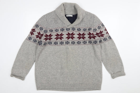 WoolOvers Men’s Grey Fair Isle Lambswool Roll Neck Jumper XL