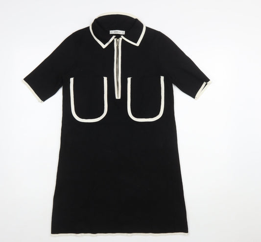 Zara Women Black Collared Knit Shift Dress Size S