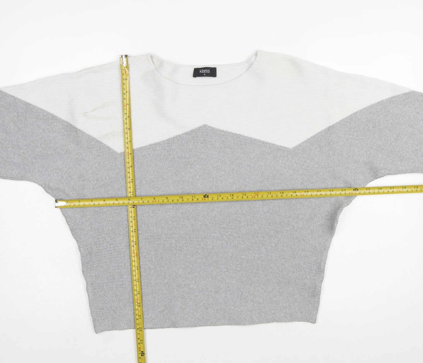 Klass Women's Grey Ivory Knit Pullover Jumper XL Relaxed Long Sleeve