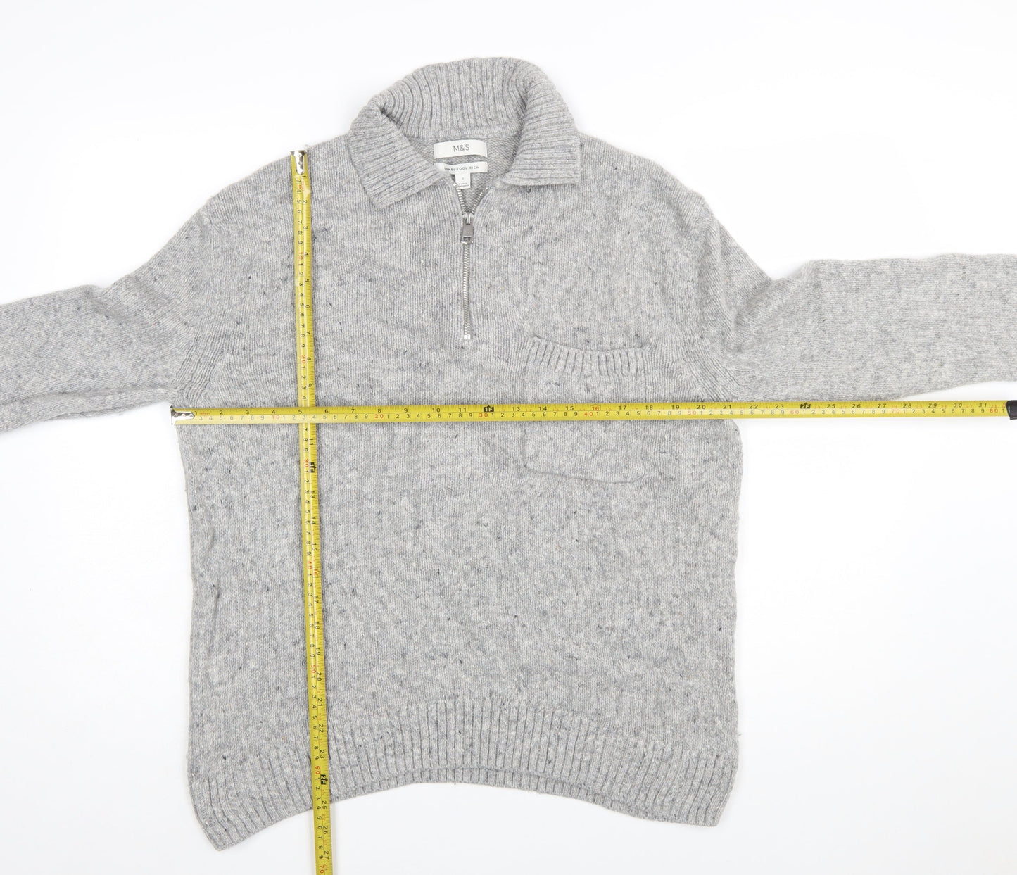 Marks and Spencer Men's Grey Wool 1/4 Zip Jumper Size S