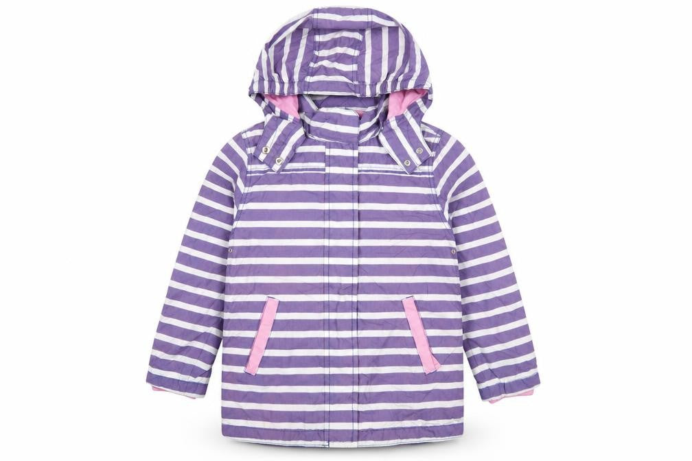 Mini Boden Girls Purple Striped Hooded Rain Coat 7-8 Years Cotton Lined Jacket