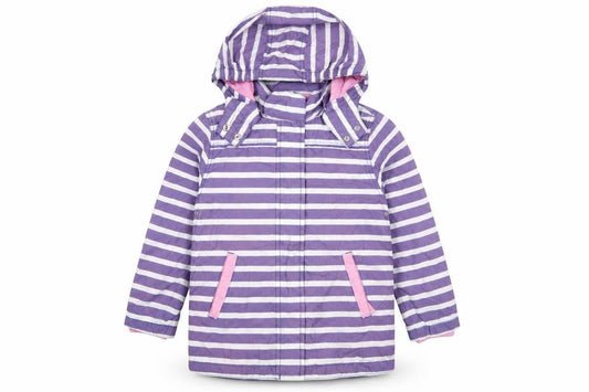 Mini Boden Girls Purple Striped Hooded Rain Coat 7-8 Years Cotton Lined Jacket