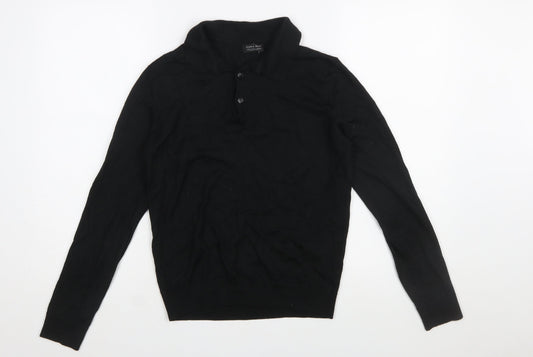 Zara Man Black Collared Henley Jumper Size L Wool Blend