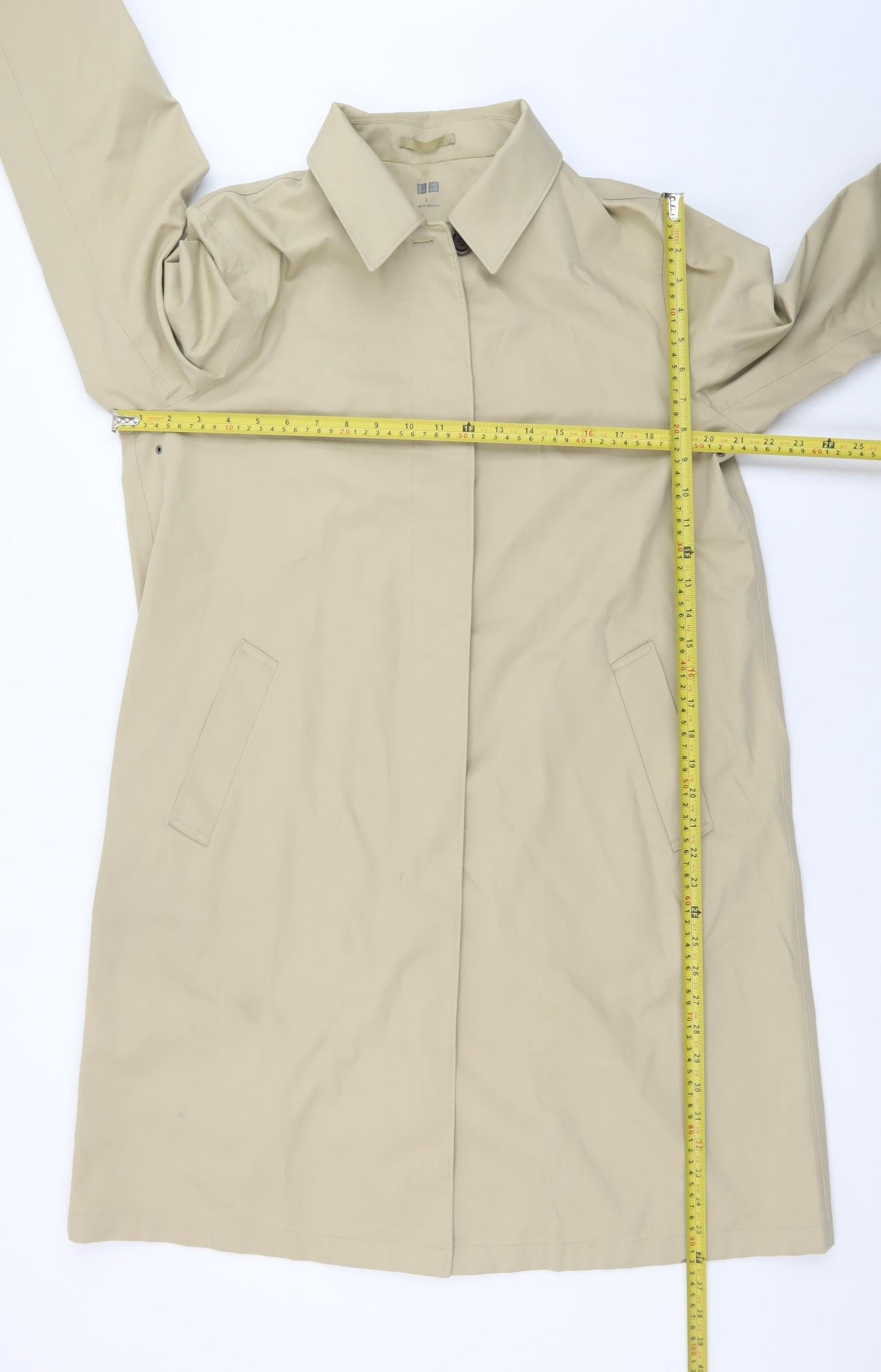 Uniqlo Women's Beige Long Trench Coat L Collared Classic Style
