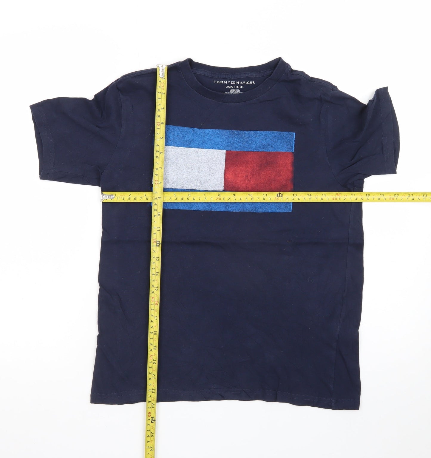 Tommy Hilfiger Men's Navy Blue Flag Logo Cotton T-Shirt L