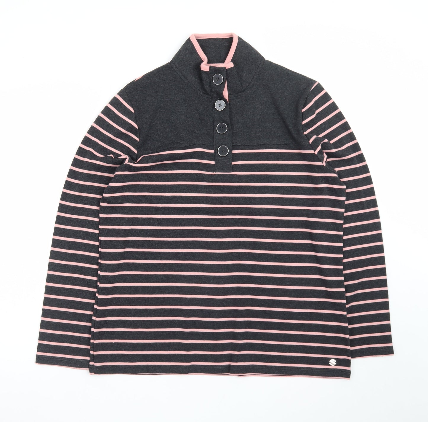 Penny Plain Women’s Black Pink Stripe Button Neck Long Sleeve Sweatshirt Size 14/16