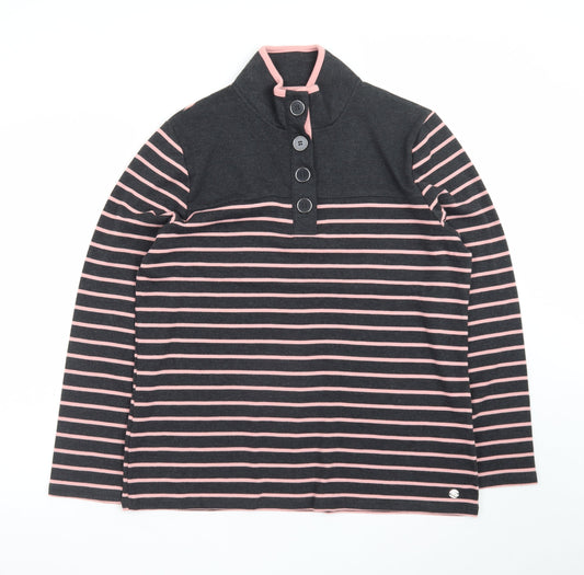Penny Plain Women’s Black Pink Stripe Button Neck Long Sleeve Sweatshirt Size 14/16