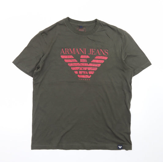 Armani Jeans Men's Khaki Green Crew Neck Logo T-Shirt Size L