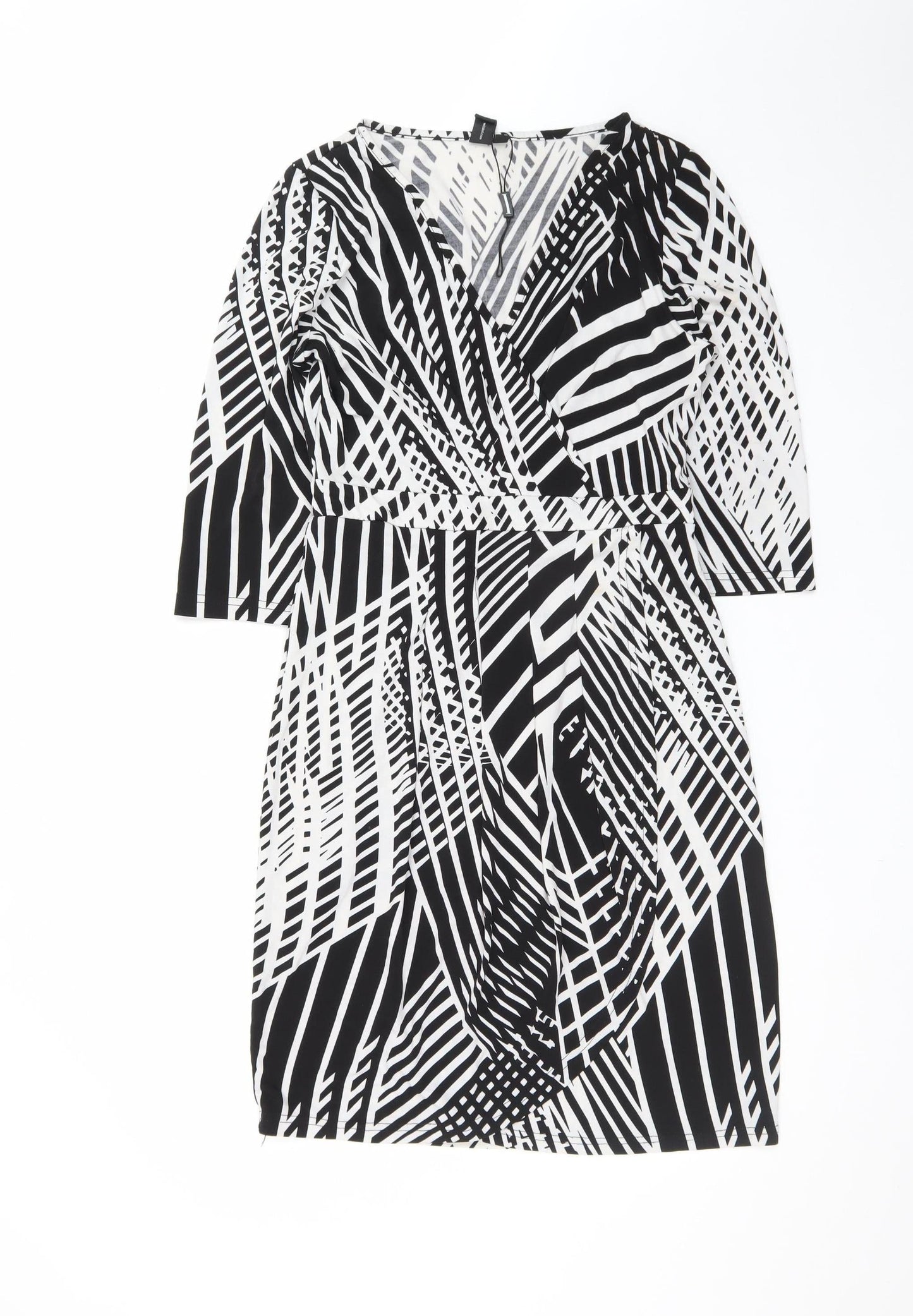 Izabel London Women Black Geometric V-Neck Wrap Jersey Dress Size 10