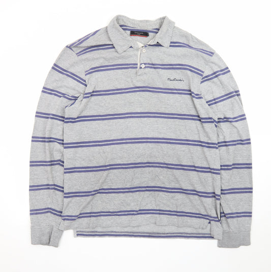 Pierre Cardin Men Grey Striped Long Sleeve Polo Shirt 2XL Classic Fit