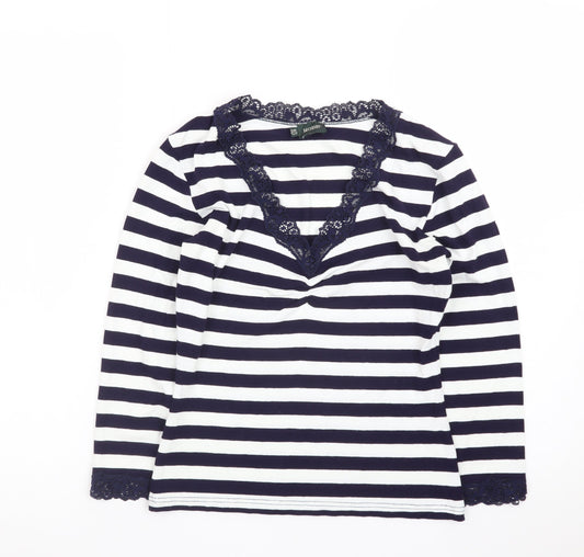 Hobbs Women's Blue Striped Lace Trim Long Sleeve T-Shirt Size 10