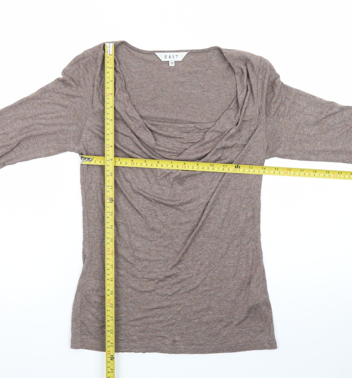 EAST Womens Brown Cowl Neck Long Sleeve Viscose Blend Blouse Size 10
