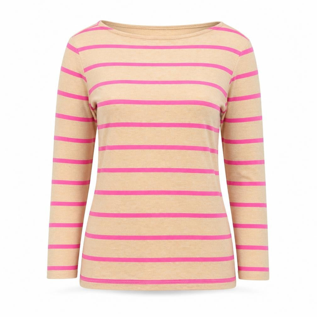 Marks & Spencer Women's Beige Pink Striped 3/4 Sleeve Boat Neck Cotton Top Size 12