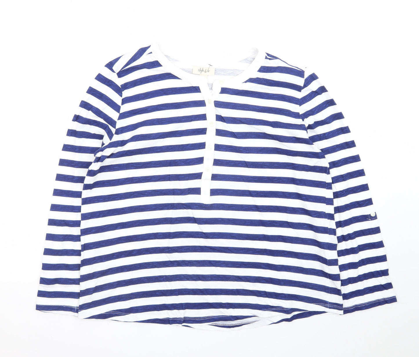 Style & Co Women Blue White Striped Long Sleeve Henley Jersey Top L