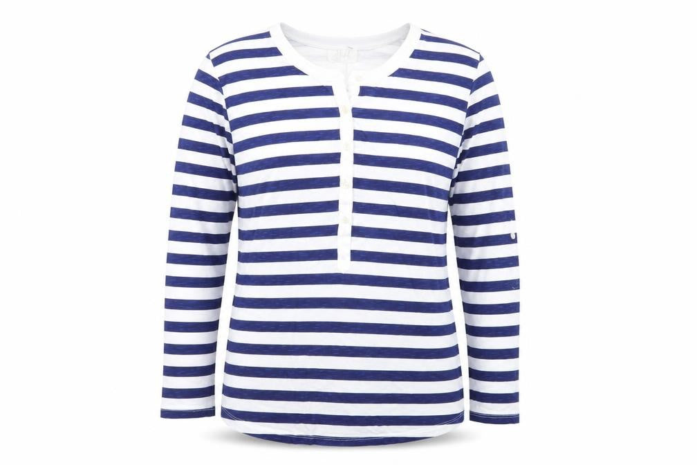 Style & Co Women Blue White Striped Long Sleeve Henley Jersey Top L