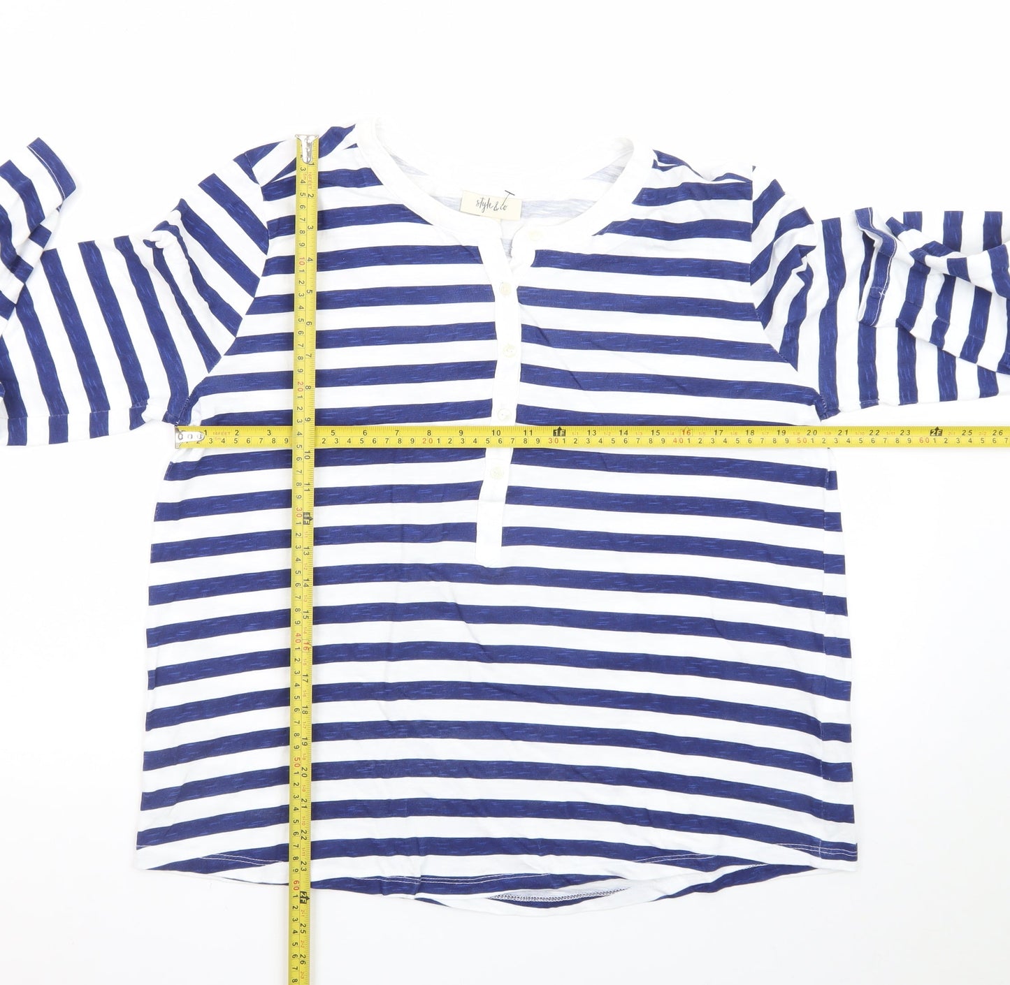 Style & Co Women Blue White Striped Long Sleeve Henley Jersey Top L