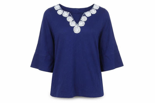 Tommy Bahama Womens Blue Cotton Tunic Blouse L Embroidered V-Neck