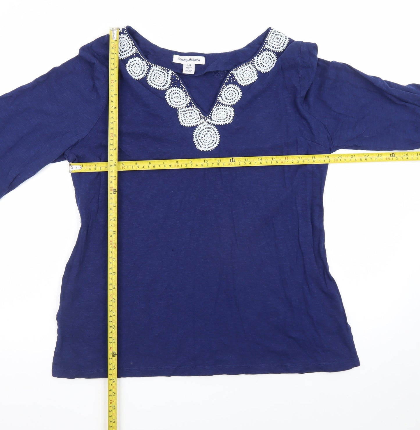 Tommy Bahama Womens Blue Cotton Tunic Blouse L Embroidered V-Neck